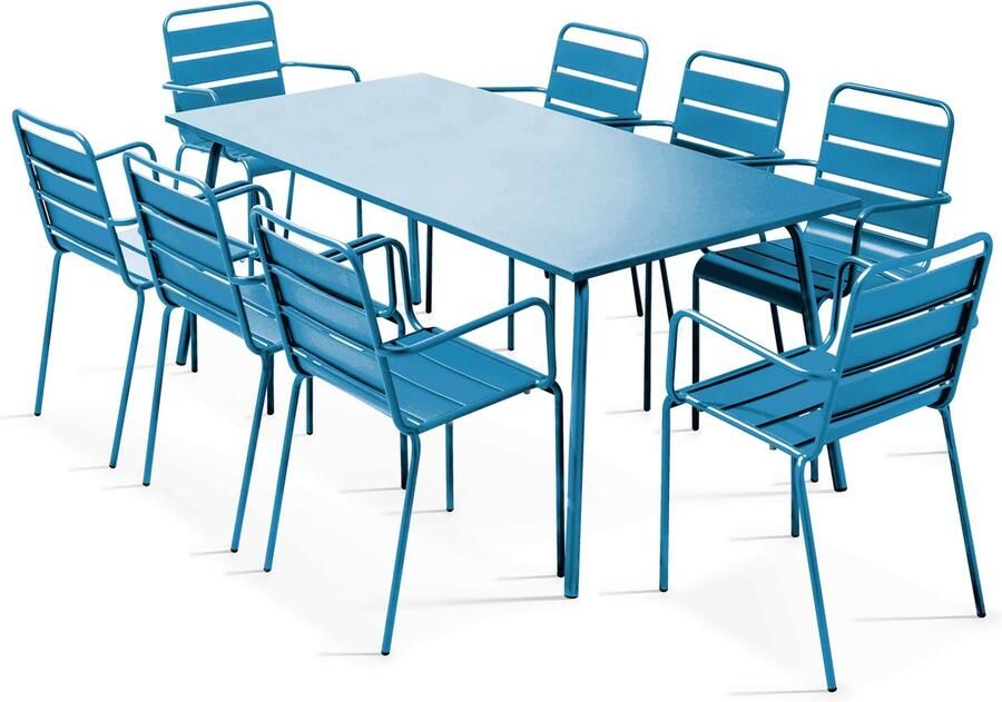 Oviala Tuinset met tafel en 8 fauteuils in blauw pacific metaal Palavas