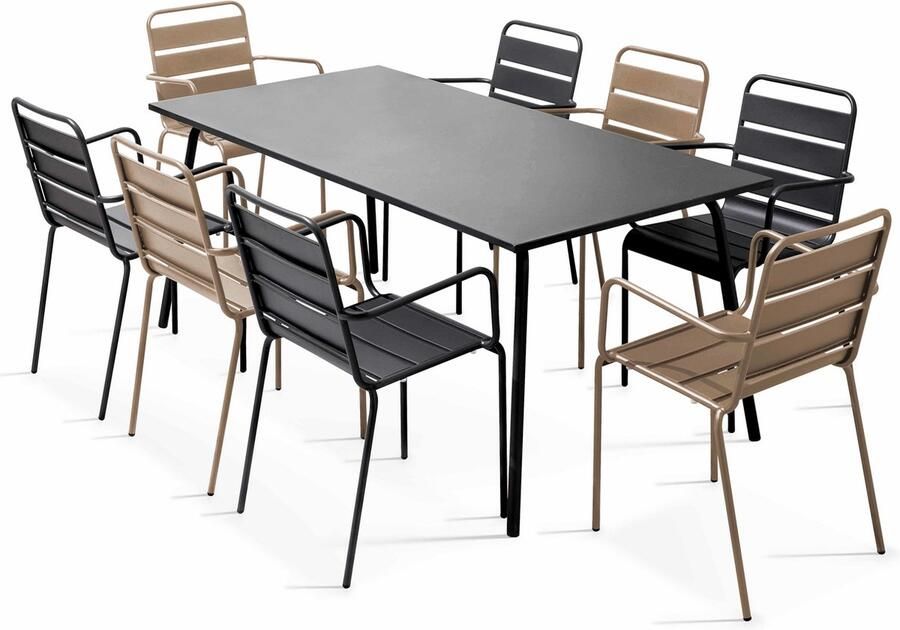 Oviala Tuinset met tafel en 8 fauteuils in taupe en grijs metaal Palavas