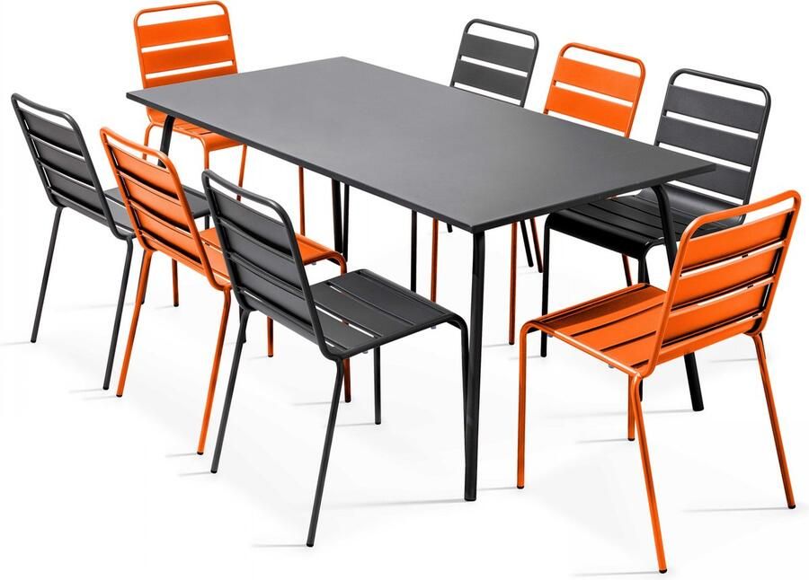 Oviala Tuinset met tafel en 8 stoelen in grijs en oranje metaal Palavas
