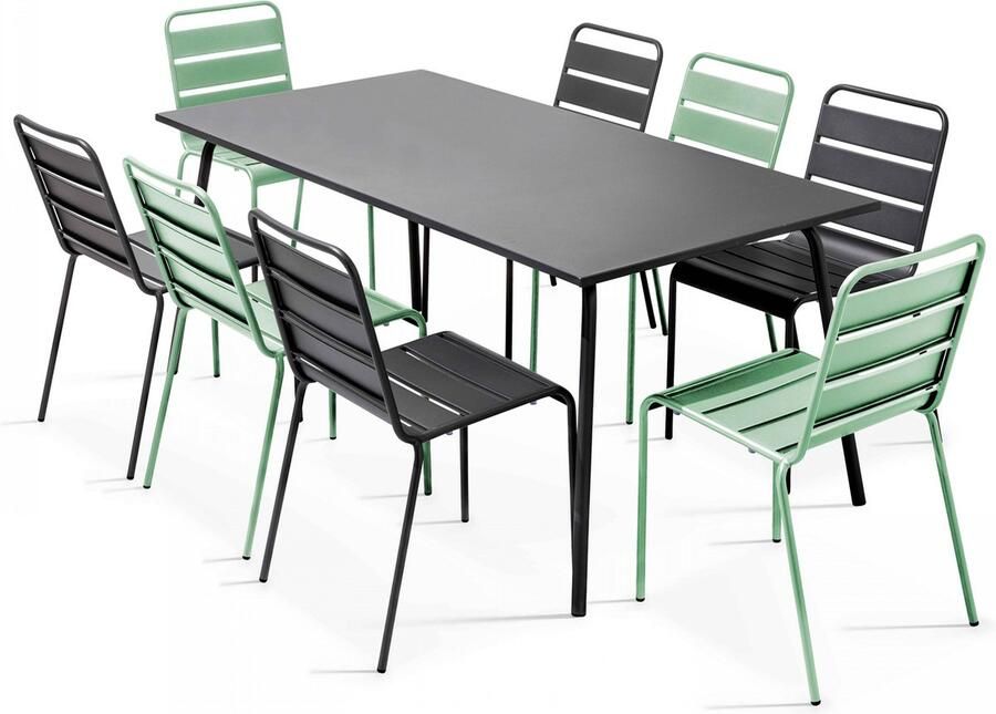 Oviala Tuinset met tafel en 8 stoelen in grijs en saliegroen metaal Palavas