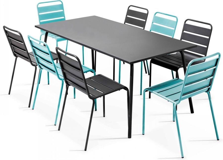 Oviala Tuinset met tafel en 8 stoelen in grijs en turquoise metaal Palavas