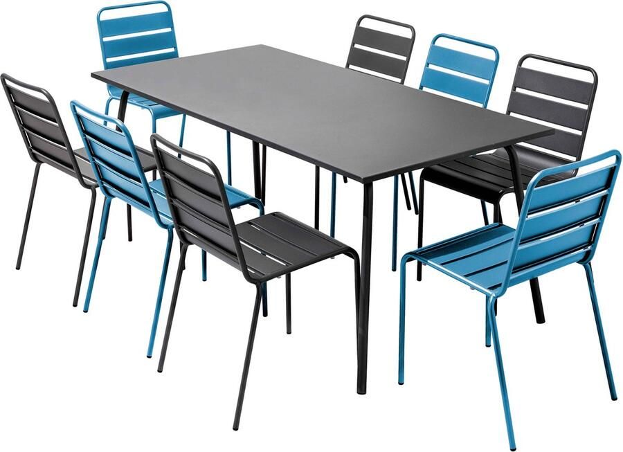 Oviala Tuinset met tafel en 8 stoelen in grijs metaal en Pacific blauw Palavas