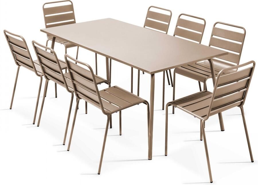 Oviala Tuinset met tafel en 8 stoelen in taupekleurig metaal Palavas