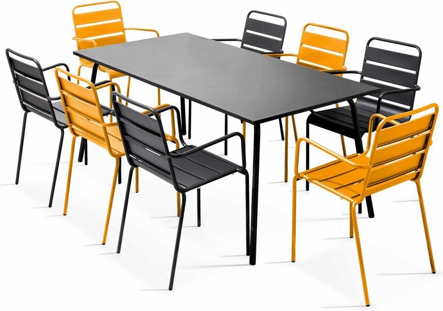Oviala Tuinset met tafel en 8 stoelen van geel en grijs metaal Palavas