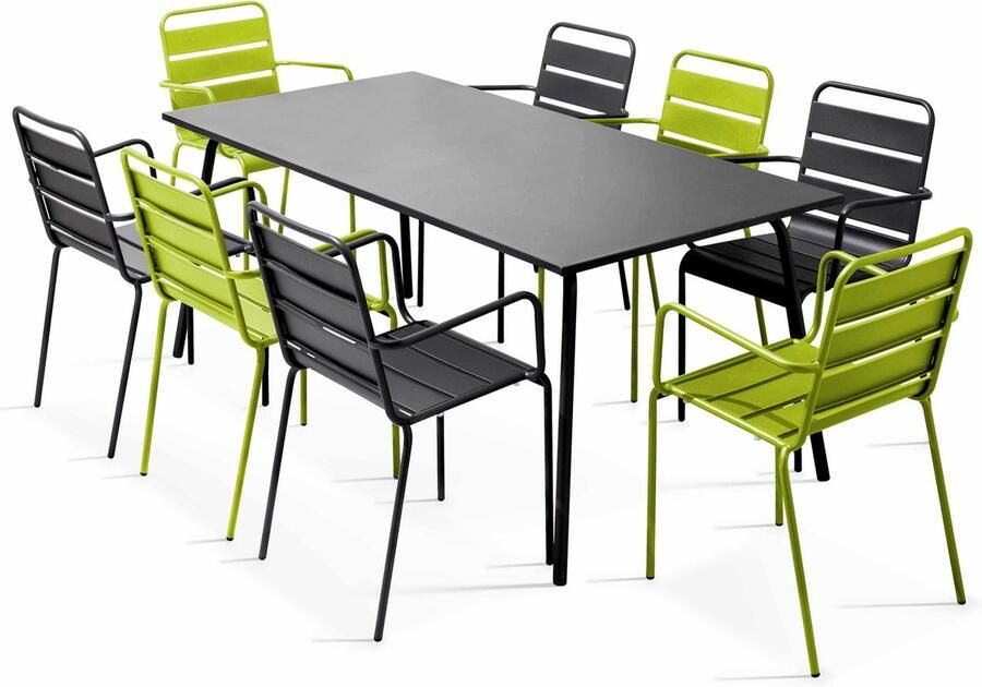 Oviala Tuinset met tafel en 8 stoelen van groen en grijs metaal Palavas