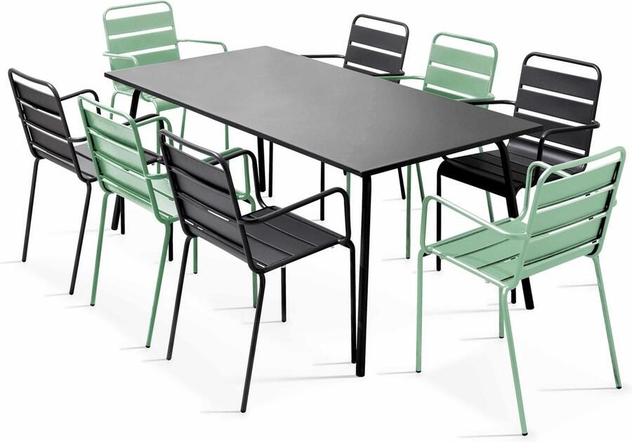 Oviala Tuinset met tafel en 8 stoelen van groen salie en grijs metaal Palavas