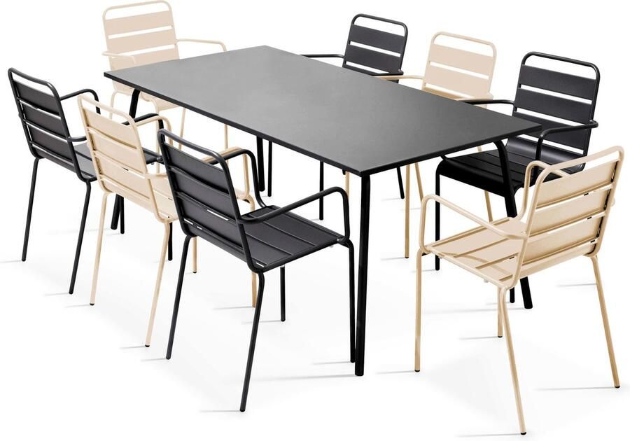 Oviala Tuinset met tafel en 8 stoelen van ivoor- en grijsgrijs metaal Palavas