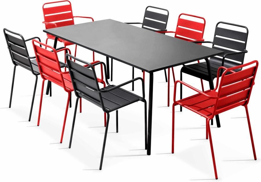 Oviala Tuinset met tafel en 8 stoelen van rood en grijs metaal Palavas