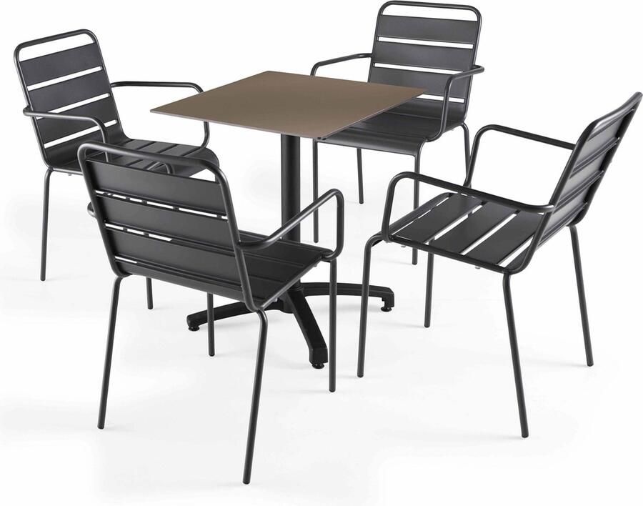 Oviala Tuinset met taupe gelamineerde tuintafel en 4 grijze fauteuils