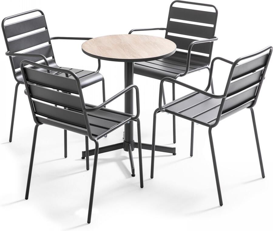 Oviala Tuinset ronde tafel en 4 bruine stalen fauteuils