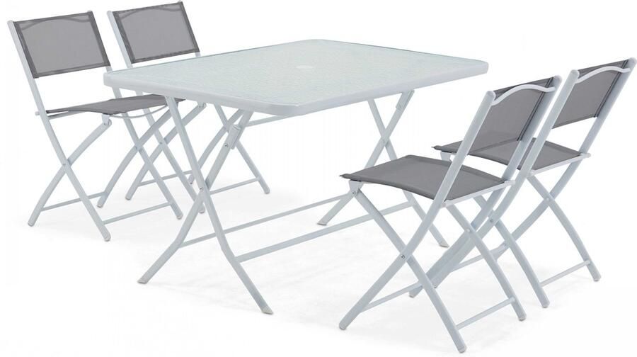 Oviala Tuintafel en 4 inklapbare stoelen van staal en grijs glas