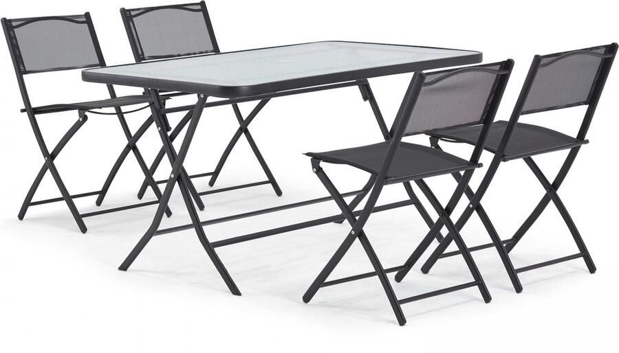 Oviala Tuintafel en 4 inklapbare stoelen van staal en zwart glas