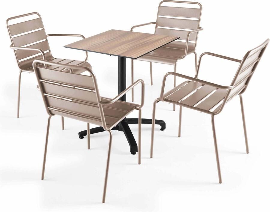 Oviala Tuintafel en 4 taupekleurige fauteuils