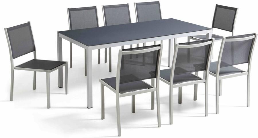 Oviala Tuintafel met 8 stoelen en antracietkleurig glazen blad