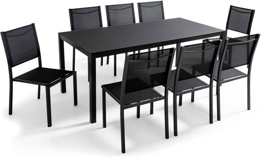 Oviala Tuintafel met 8 stoelen en zwart glazen blad