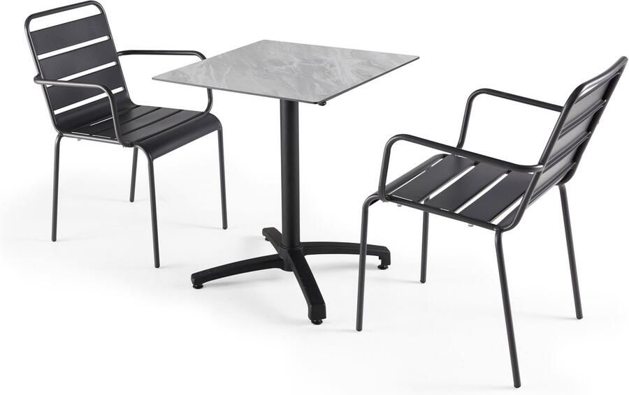 Oviala Tuintafel met marmeren laminaat en 2 grijze Palavas fauteuils
