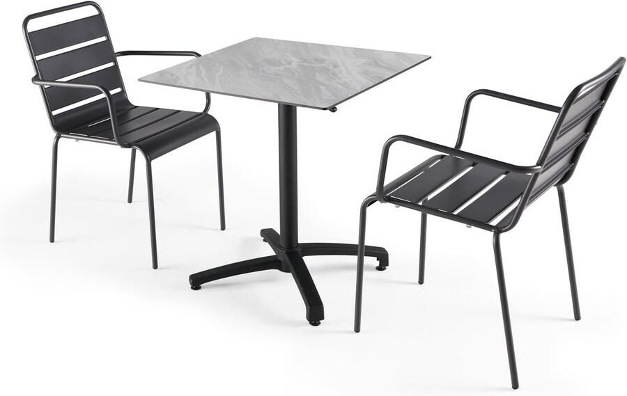 Oviala Tuintafel met marmeren laminaat en 2 grijze Palavas fauteuils