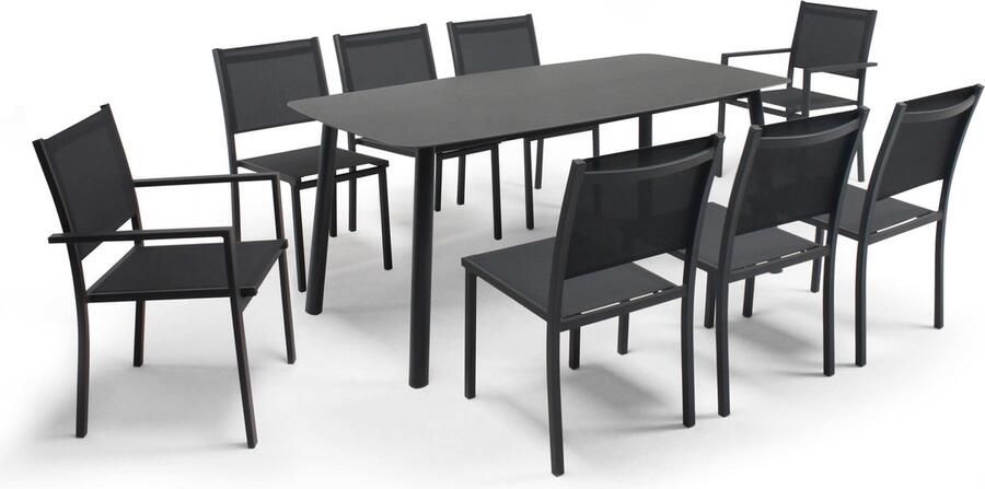 Oviala Tuintafel van en steen 6 grijze stoelen en 2 fauteuils