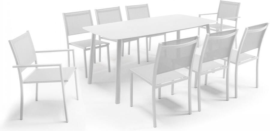 Oviala Tuintafel van en steen 6 witte stoelen en 2 fauteuils