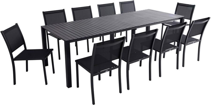 Oviala Uitschuifbare aluminium tuintafel 52 260 cm en 10 grijze stoelen Extensia