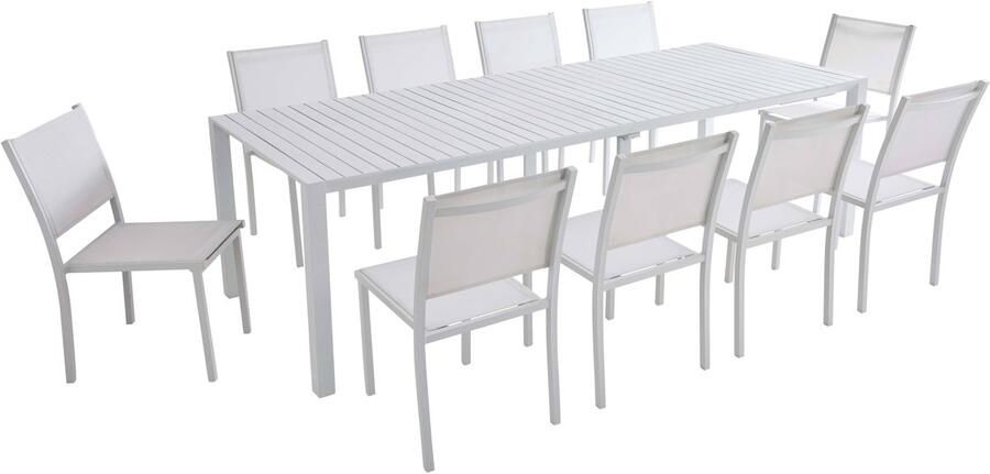Oviala Uitschuifbare aluminium tuintafel 52 260 cm en 10 witte stoelen Extensia