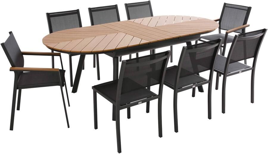 Oviala Uitschuifbare tafelset 180 220 cm en 8 tuinstoelen met houtlook