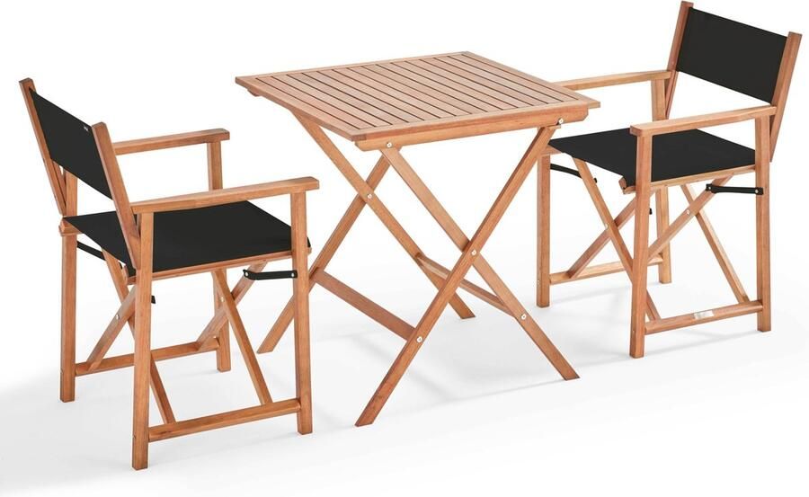 Oviala Vierkante inklapbare bistrotafel en 2 inklapbare zwarte stoelen Sete
