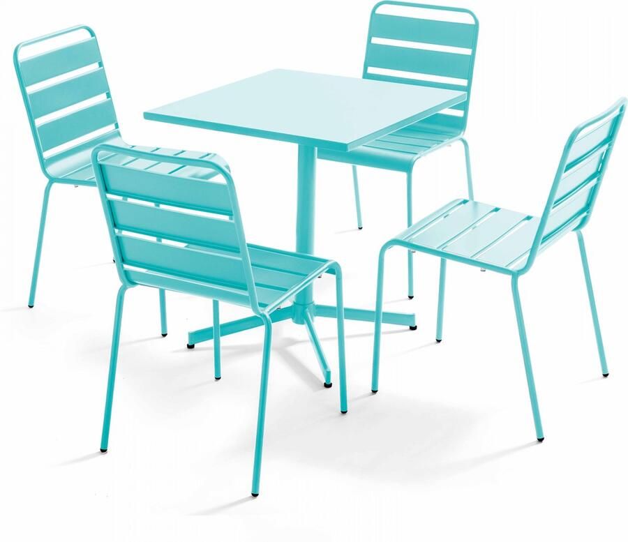 Oviala Vierkante tafel en 4 stoelen van turquoise metaal Palavas