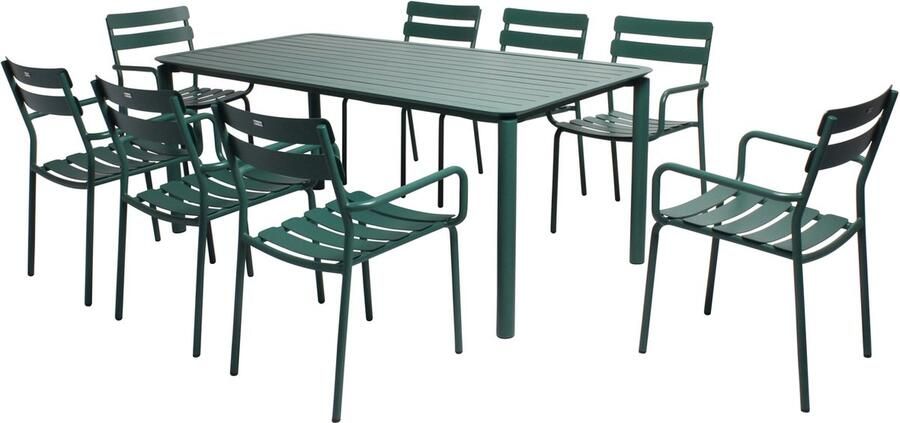 Oviala Vierkante terrastafel (185 x 92 cm) en 8 donkergroene fauteuils