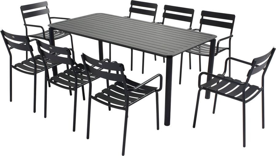 Oviala Vierkante terrastafel (185 x 92 cm) en 8 zwarte fauteuils Almada