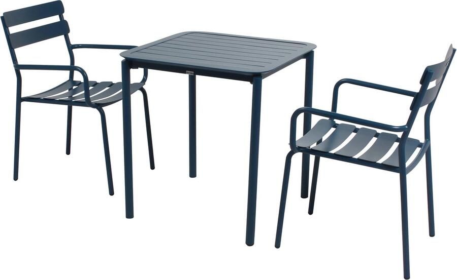 Oviala Vierkante terrastafel (70 x 70cm) en 2 donkerblauwe fauteuils