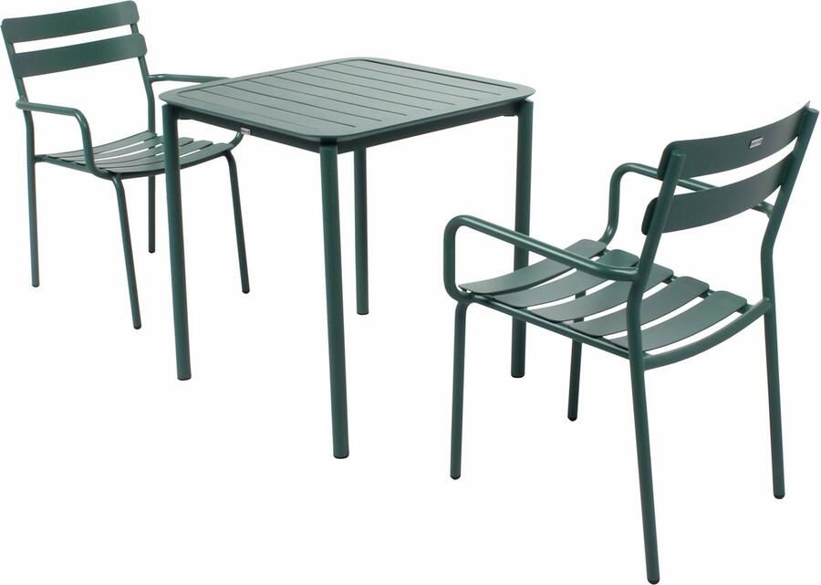 Oviala Vierkante terrastafel (70 x 70cm) en 2 donkergroene fauteuils