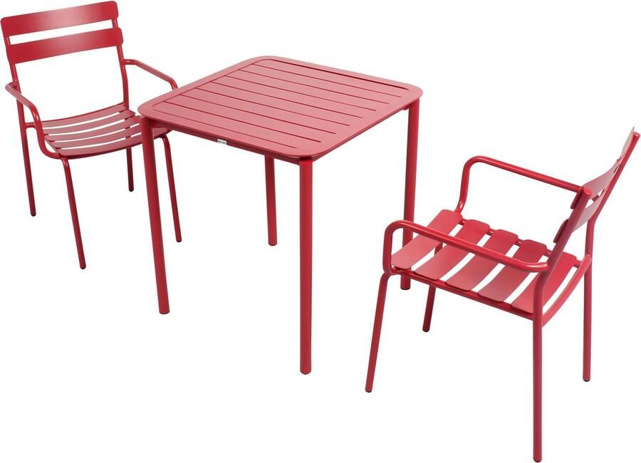 Oviala Vierkante terrastafel (70 x 70cm) en 2 donkerrode fauteuils Almada