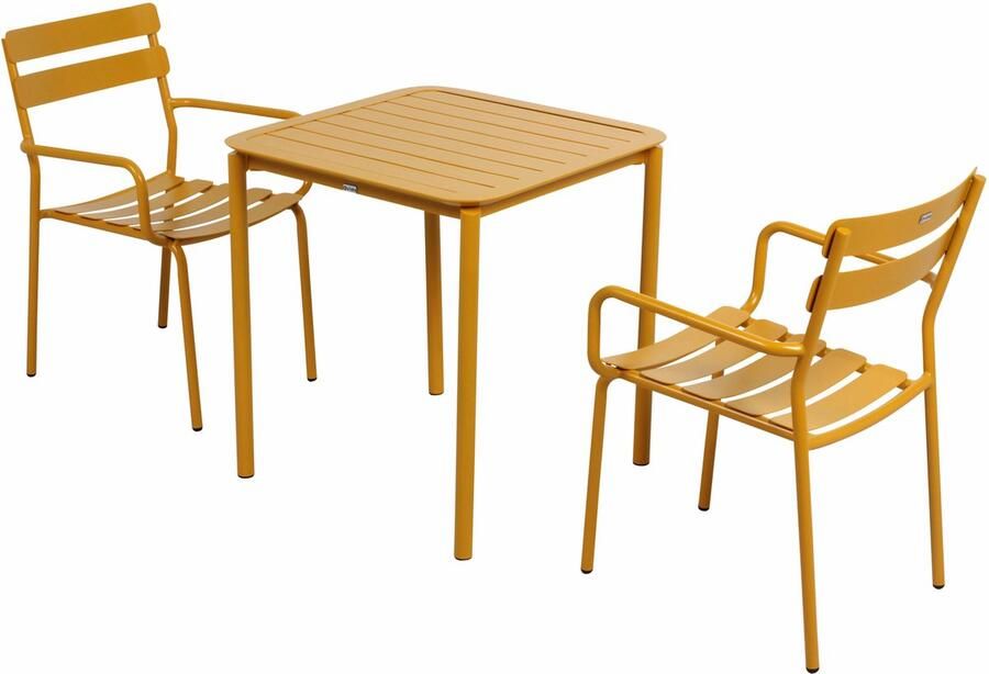 Oviala Vierkante terrastafel (70 x 70cm) en 2 mosterdgele fauteuils Almada