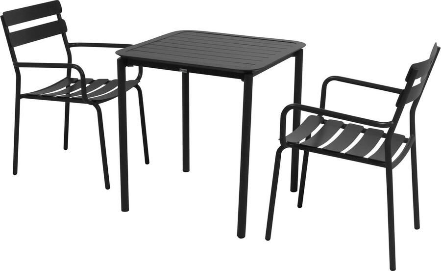Oviala Vierkante terrastafel (70 x 70cm) en 2 zwarte fauteuils Almada