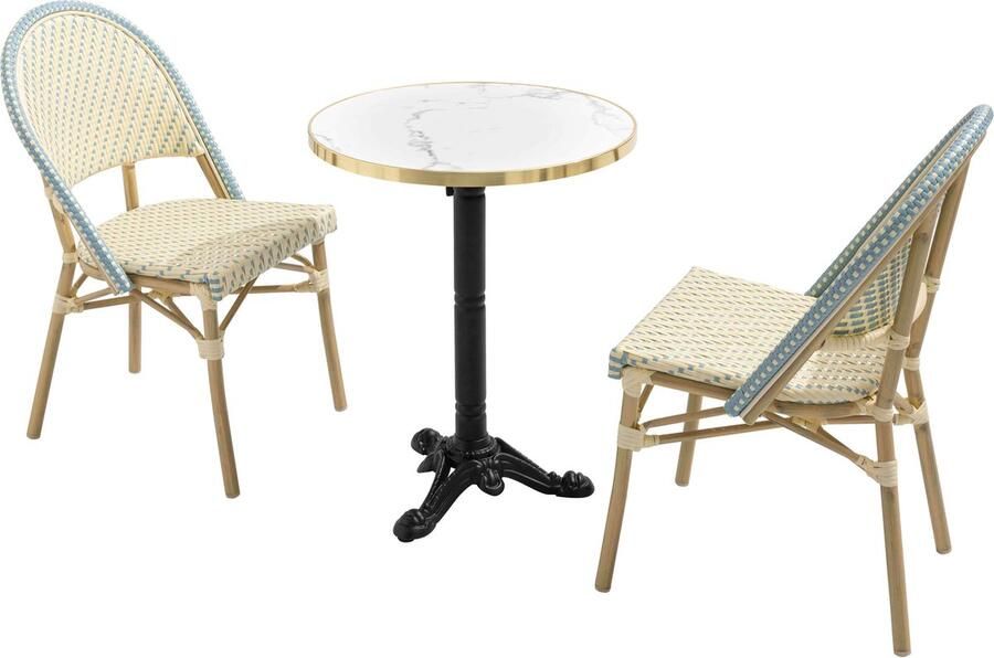 Oviala Witte marmeren liggende terrastafel van 60 cm en 2 blauwe stoelen Montmartre