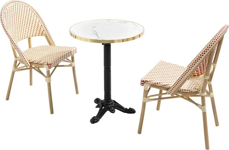 Oviala Witte marmeren terrastafel van 60 cm en 2 rode stoelen Montmartre