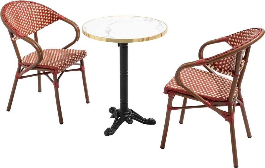 Oviala Witte marmeren terrastafel van 60 cm en 2 rode stoelen Montmartre