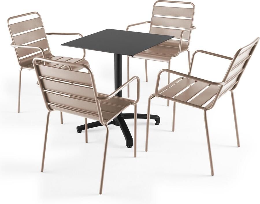 Oviala Zwarte gelamineerde tuinset met tafel en 4 taupe fauteuils