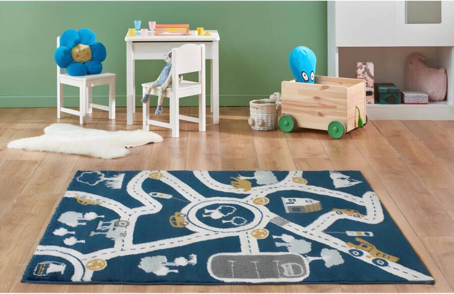 OZAIA Kindertapijt ROADY Polypropyleen 100 x 150 cm Blauw beige en geel L 100 cm x H 1 cm x D 150 cm - Foto 1