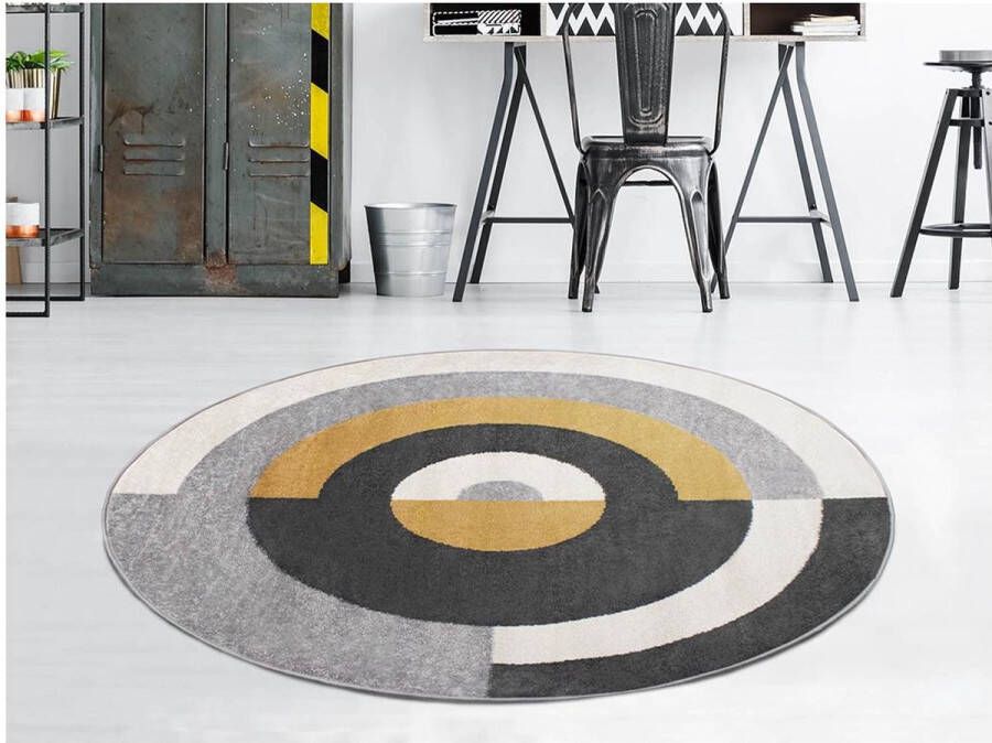 OZAIA Rond designtapijt met geometrische motieven ALBORG D. 160 cm Grijs en oker L 160 cm x H 1 cm x D 160 cm - Foto 1