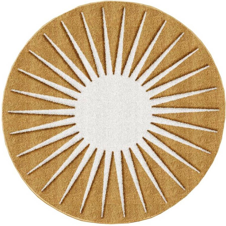 OZAIA Rond tapijt zon met reliëf D200 cm Mosterdgeel en wit LUMINIO L 200 cm x H 1.6 cm x D 200 cm