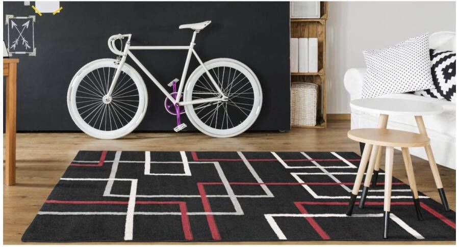 OZAIA Tapijt geometisch design CUBIO Polypropyleen 140 x 200 cm Zwart wit en rood L 140 cm x H 1 cm x D 200 cm - Foto 2