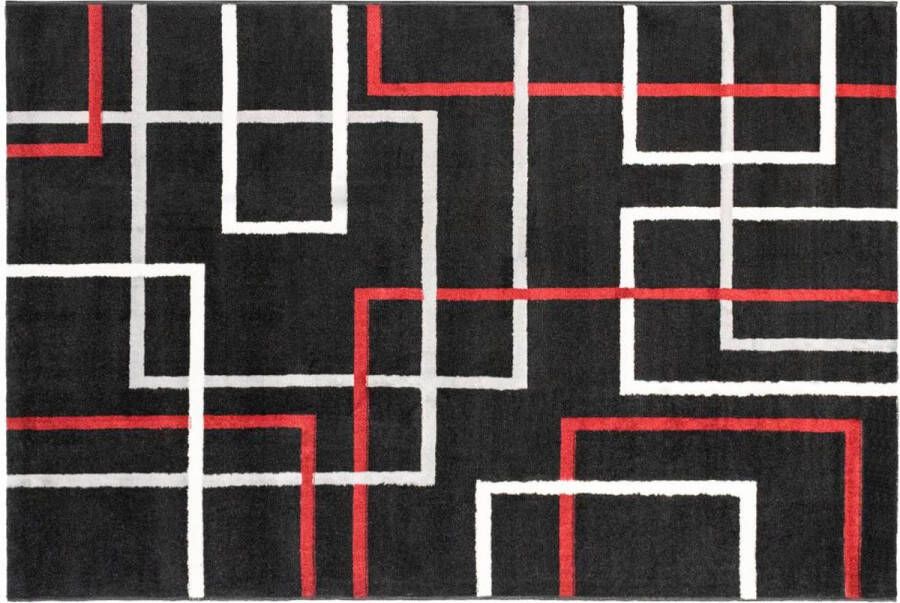 OZAIA Tapijt geometisch design CUBIO Polypropyleen 140 x 200 cm Zwart wit en rood L 140 cm x H 1 cm x D 200 cm