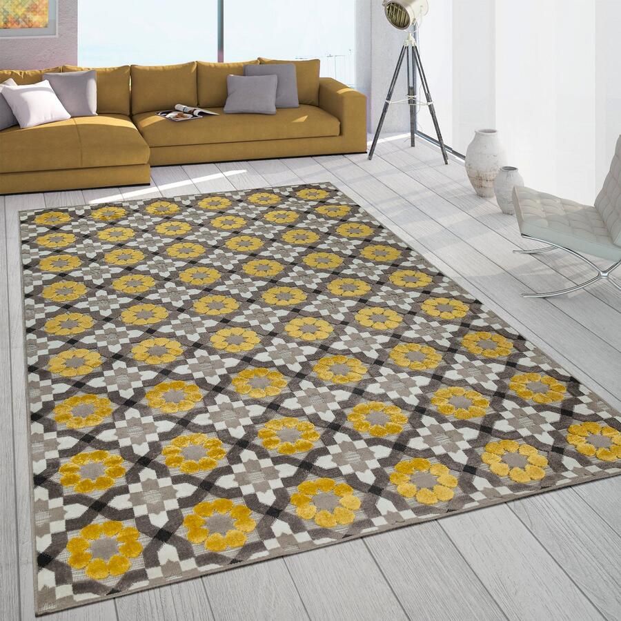 Paco Home Buiten Vloerkleed Balkon Terras Met Retro-Patroon 3D-Web-Art In Geel Beige 120x170 cm