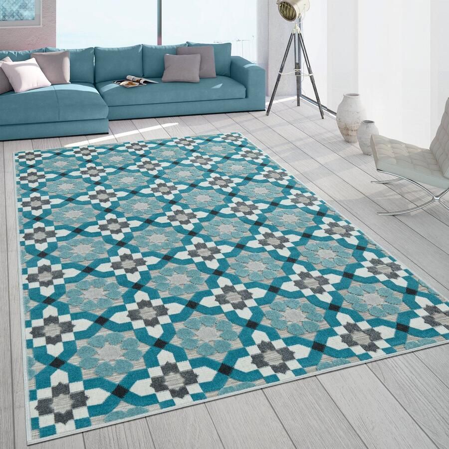 Paco Home Buiten Vloerkleed Balkon Terras Met Retro-Patroon 3D-Web-Art In Turquoise 160x230 cm