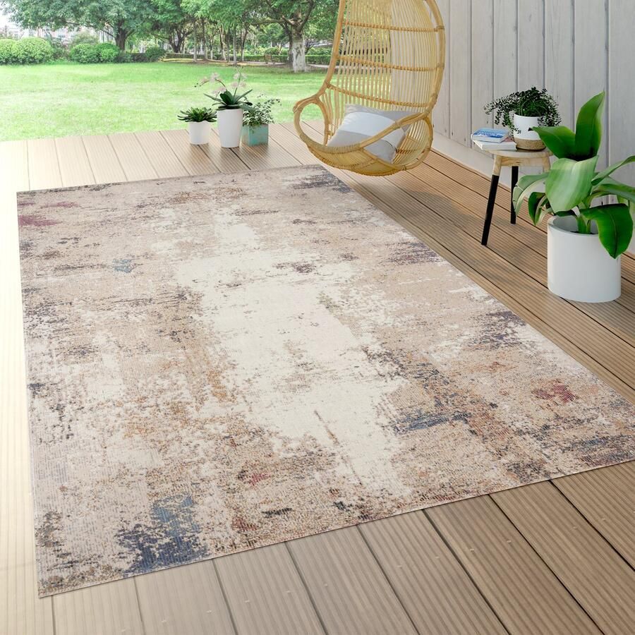 Paco Home buiten vloerkleed balkon terras vintage keukenvloerkleed patroon abstract beige blauw 200 cm Rund