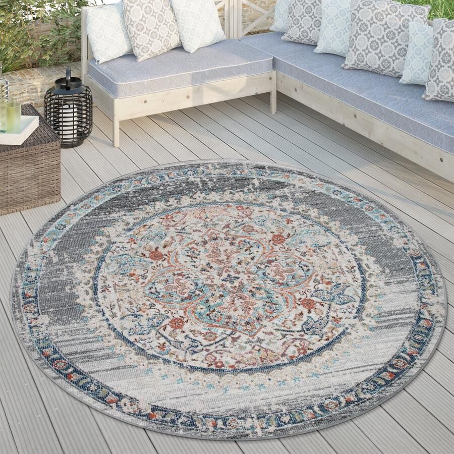 Paco Home Buiten vloerkleed rond balkon woonkamer keukenvloerkleed vintage Oosters modern pastel kleuren Ø 160 cm Rund