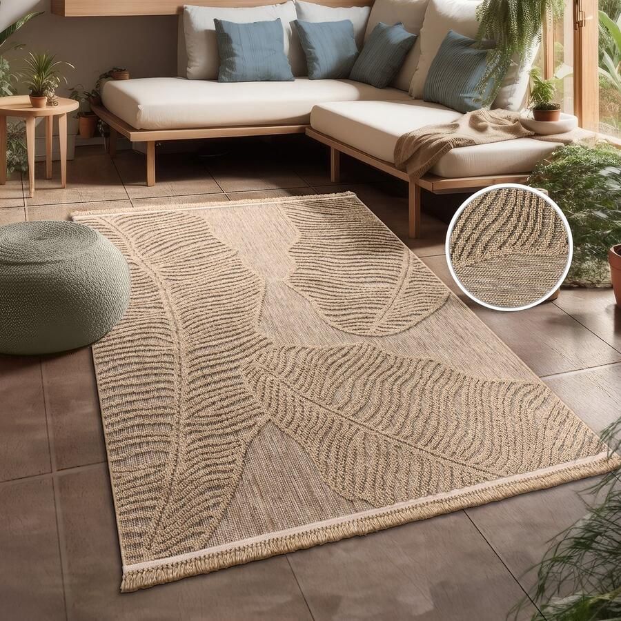 Paco Home Buiten Vloerkleed Tapijt Voor Binnen En Buiten Balkon Boho Bloemen Franjes Beige 120x160 cm