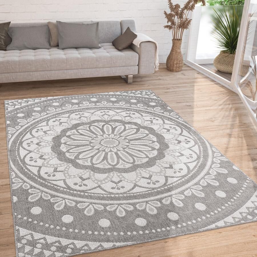 Paco Home Buiten Vloerkleed Tapijt Binnen En Buiten Balkon Oosters Patroon Boho Grijs Wit 60x100 cm